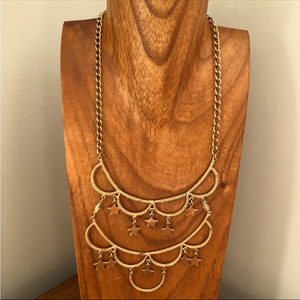 Layered Gold Toned Festoon Scallop & Star Necklace
